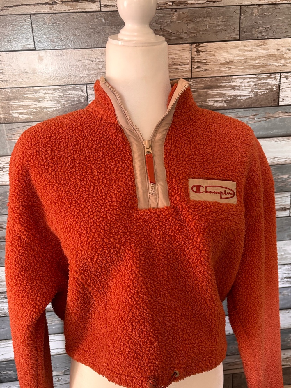 Champion Orange Sherpa Cropped Quarter Zip Sweater Cozy Athleisure Womens M